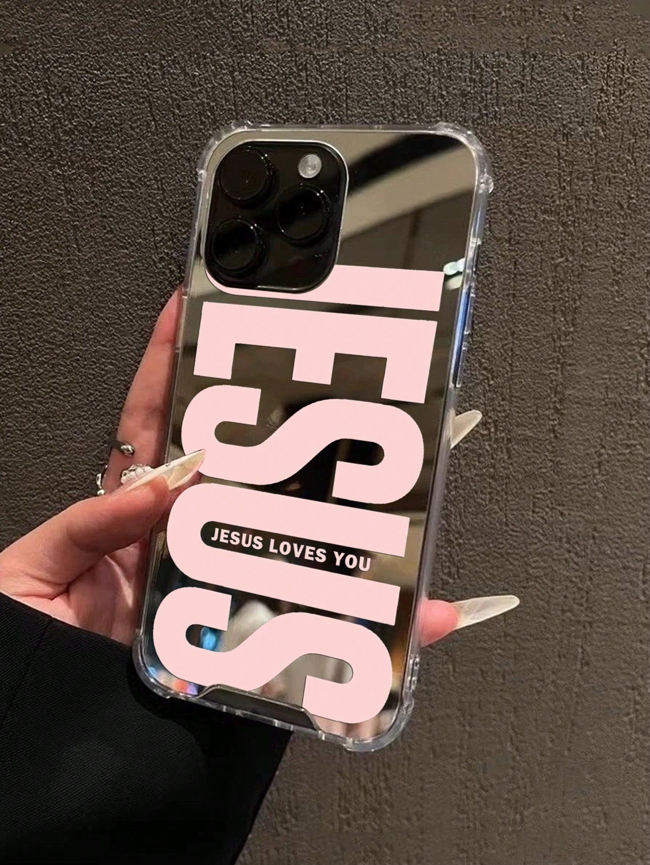 Pink Slogan Element Fashion 1pc Personalized Pink God Slogan Graphic Mirror Acrylic Shockproof Phone Case, Compatible With Iphone 13/11/17/17pro/16/14/15/15pro/15 Plus/15 Promax/7plus/8plus/X/Xs Max/X