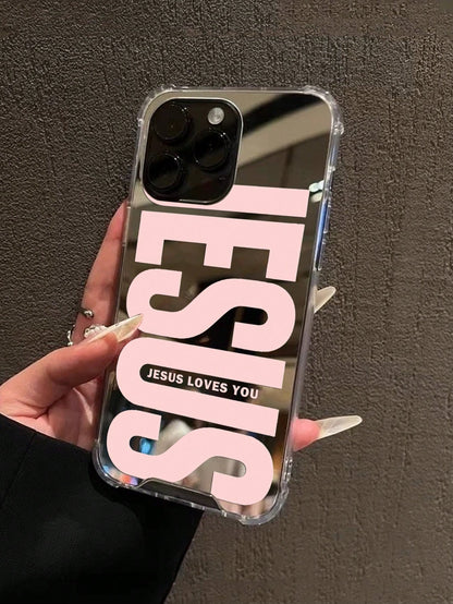 Pink Slogan Element Fashion 1pc Personalized Pink God Slogan Graphic Mirror Acrylic Shockproof Phone Case, Compatible With Iphone 13/11/17/17pro/16/14/15/15pro/15 Plus/15 Promax/7plus/8plus/X/Xs Max/X