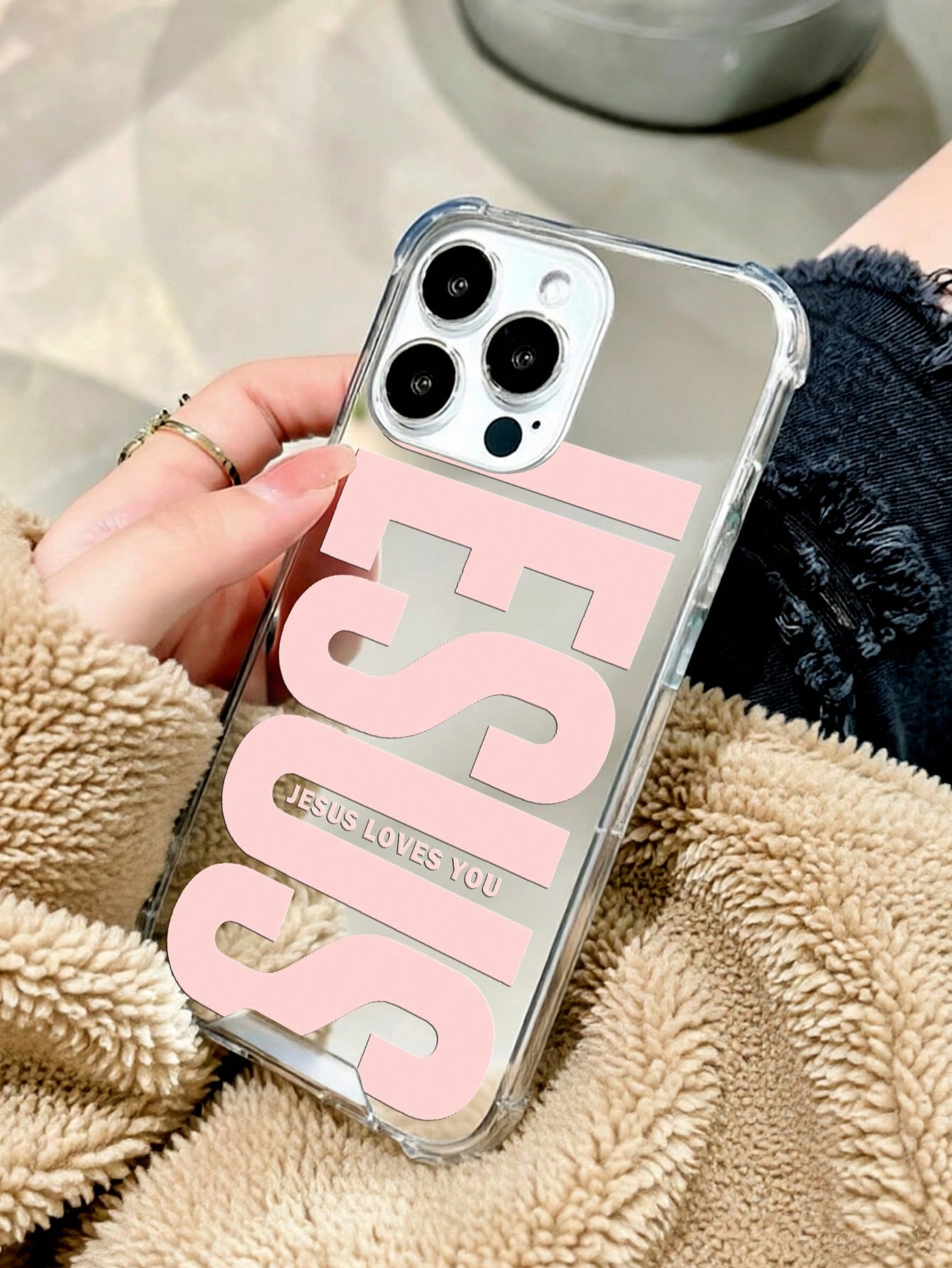 Pink Slogan Element Fashion 1pc Personalized Pink God Slogan Graphic Mirror Acrylic Shockproof Phone Case, Compatible With Iphone 13/11/17/17pro/16/14/15/15pro/15 Plus/15 Promax/7plus/8plus/X/Xs Max/X