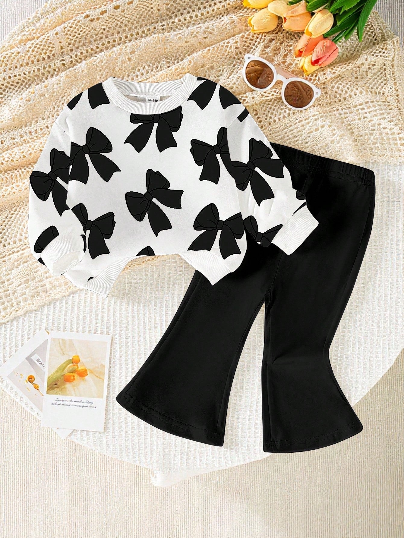 Playful Pals 1 Set Baby Girls Casual Cute Funny Graphic Fashionable Bow Pattern Crew Neck Sweatshirt Flare Pants Outfit Autumn/Winter Black And White Black Party