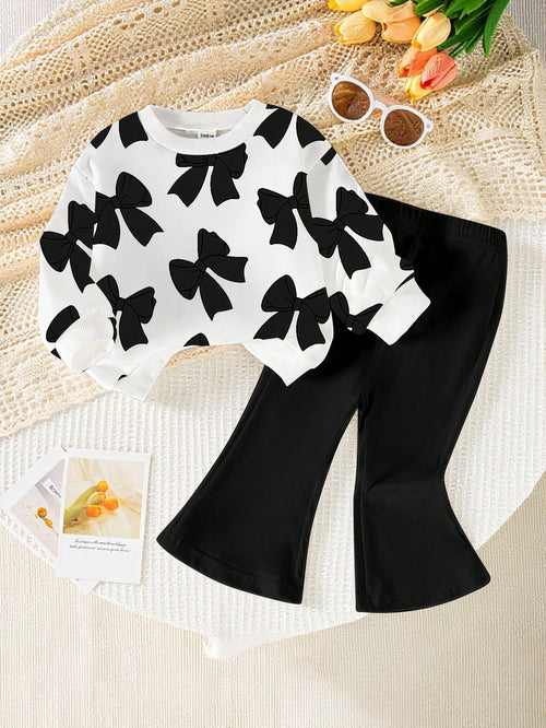 Playful Pals 1 Set Baby Girls Casual Cute Funny Graphic Fashionable Bow Pattern Crew Neck Sweatshirt Flare Pants Outfit Autumn/Winter Black And White Black Party