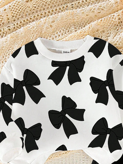 Playful Pals 1 Set Baby Girls Casual Cute Funny Graphic Fashionable Bow Pattern Crew Neck Sweatshirt Flare Pants Outfit Autumn/Winter Black And White Black Party