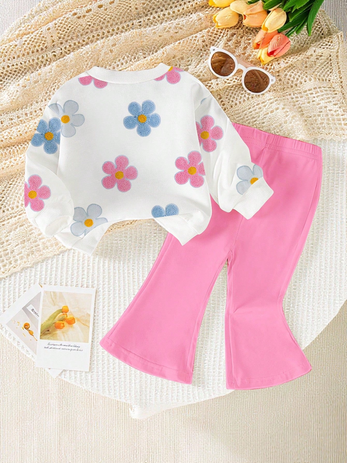 Playful Pals 1 Set Baby Girls Casual Cute Funny Graphic Fashionable Bow Pattern Crew Neck Sweatshirt Flare Pants Outfit Autumn/Winter Black And White Black Party