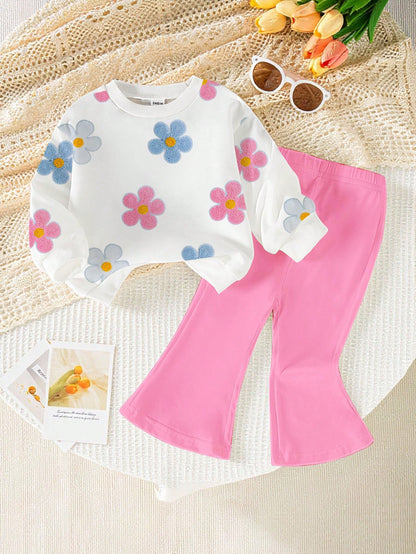 Playful Pals 1 Set Baby Girls Casual Cute Funny Graphic Fashionable Bow Pattern Crew Neck Sweatshirt Flare Pants Outfit Autumn/Winter Black And White Black Party
