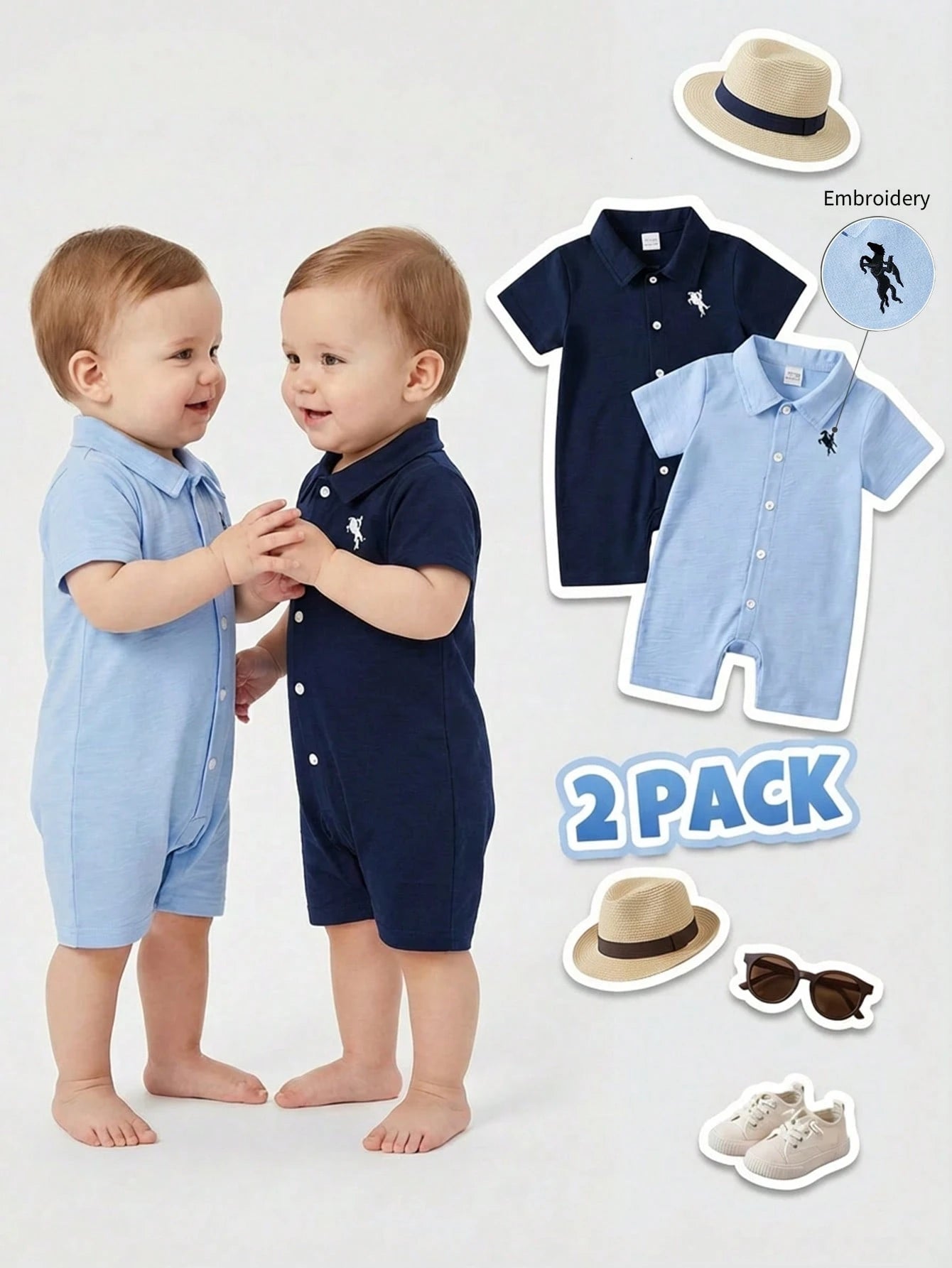 Playful Pals 2-Pack Infant Baby Boy Polo Romper, Short Sleeve Button Up Jumpsuit With Horse Embroidery, Summer Soft Clothes Set,Casual Gentleman One-Piece Outfit