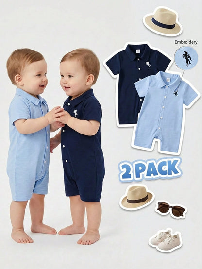 Playful Pals 2-Pack Infant Baby Boy Polo Romper, Short Sleeve Button Up Jumpsuit With Horse Embroidery, Summer Soft Clothes Set,Casual Gentleman One-Piece Outfit