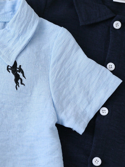 Playful Pals 2-Pack Infant Baby Boy Polo Romper, Short Sleeve Button Up Jumpsuit With Horse Embroidery, Summer Soft Clothes Set,Casual Gentleman One-Piece Outfit