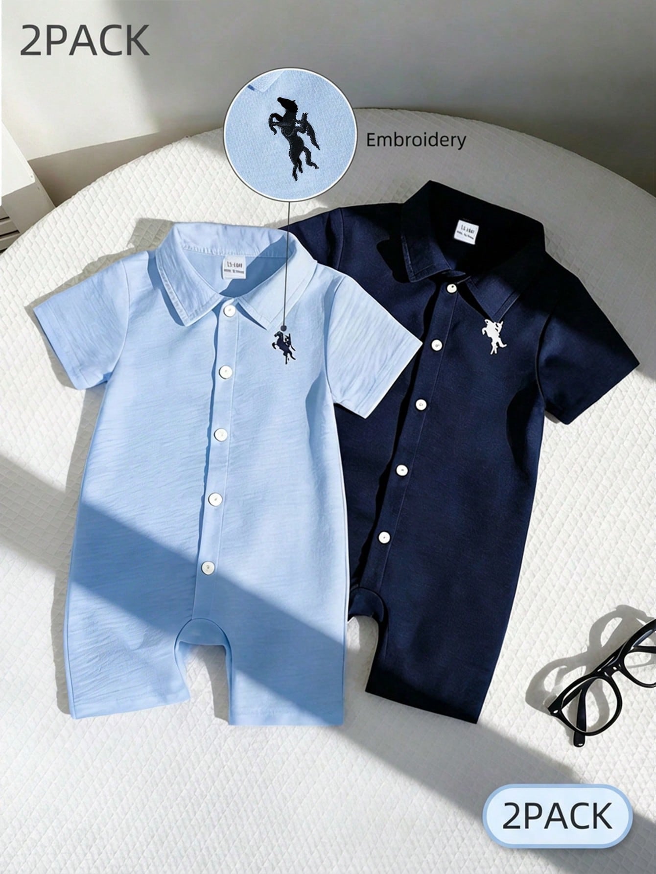 Playful Pals 2-Pack Infant Baby Boy Polo Romper, Short Sleeve Button Up Jumpsuit With Horse Embroidery, Summer Soft Clothes Set,Casual Gentleman One-Piece Outfit