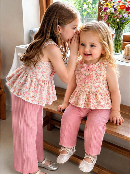 Playful Pals 2pcs Baby Girl Toddler/Newborn 0-3 Years Spring/Summer Casual Sweet Daily Vacation Striped Woven Sleeveless Tank Top Shirt & Wide Leg Pants Set