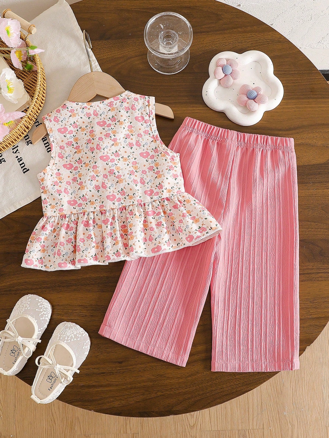 Playful Pals 2pcs Baby Girl Toddler/Newborn 0-3 Years Spring/Summer Casual Sweet Daily Vacation Striped Woven Sleeveless Tank Top Shirt & Wide Leg Pants Set