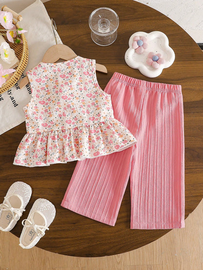 Playful Pals 2pcs Baby Girl Toddler/Newborn 0-3 Years Spring/Summer Casual Sweet Daily Vacation Striped Woven Sleeveless Tank Top Shirt & Wide Leg Pants Set