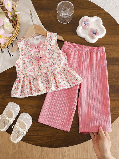 Playful Pals 2pcs Baby Girl Toddler/Newborn 0-3 Years Spring/Summer Casual Sweet Daily Vacation Striped Woven Sleeveless Tank Top Shirt & Wide Leg Pants Set