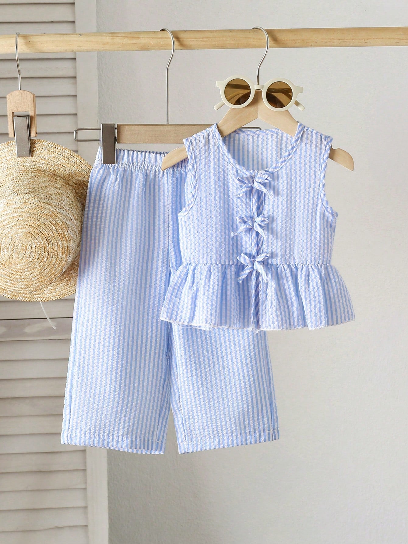 Playful Pals 2pcs Baby Girl Toddler/Newborn 0-3 Years Spring/Summer Casual Sweet Daily Vacation Striped Woven Sleeveless Tank Top Shirt & Wide Leg Pants Set