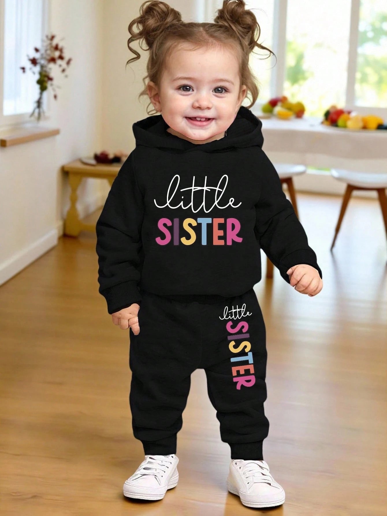 Playful Pals 2pcs/Set Baby Girl Fashion Minimalist Colorful Letter Print Hooded Fleece Sweatshirt & Pants Outfit, Suitable For Outings In Autumn/Winter Fall