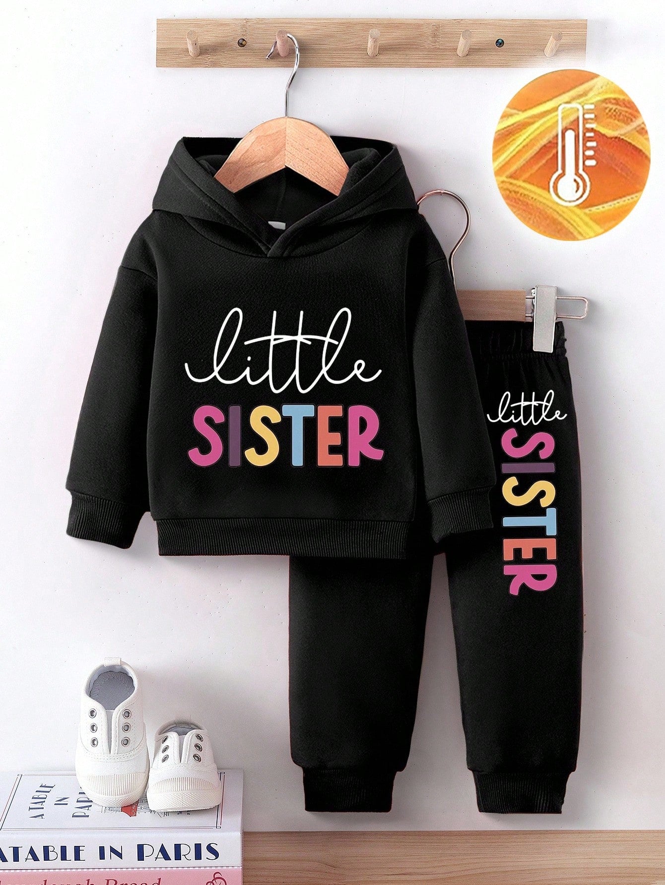 Playful Pals 2pcs/Set Baby Girl Fashion Minimalist Colorful Letter Print Hooded Fleece Sweatshirt & Pants Outfit, Suitable For Outings In Autumn/Winter Fall