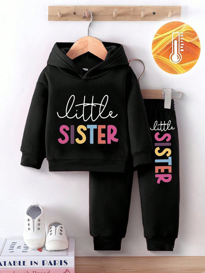 Playful Pals 2pcs/Set Baby Girl Fashion Minimalist Colorful Letter Print Hooded Fleece Sweatshirt & Pants Outfit, Suitable For Outings In Autumn/Winter Fall