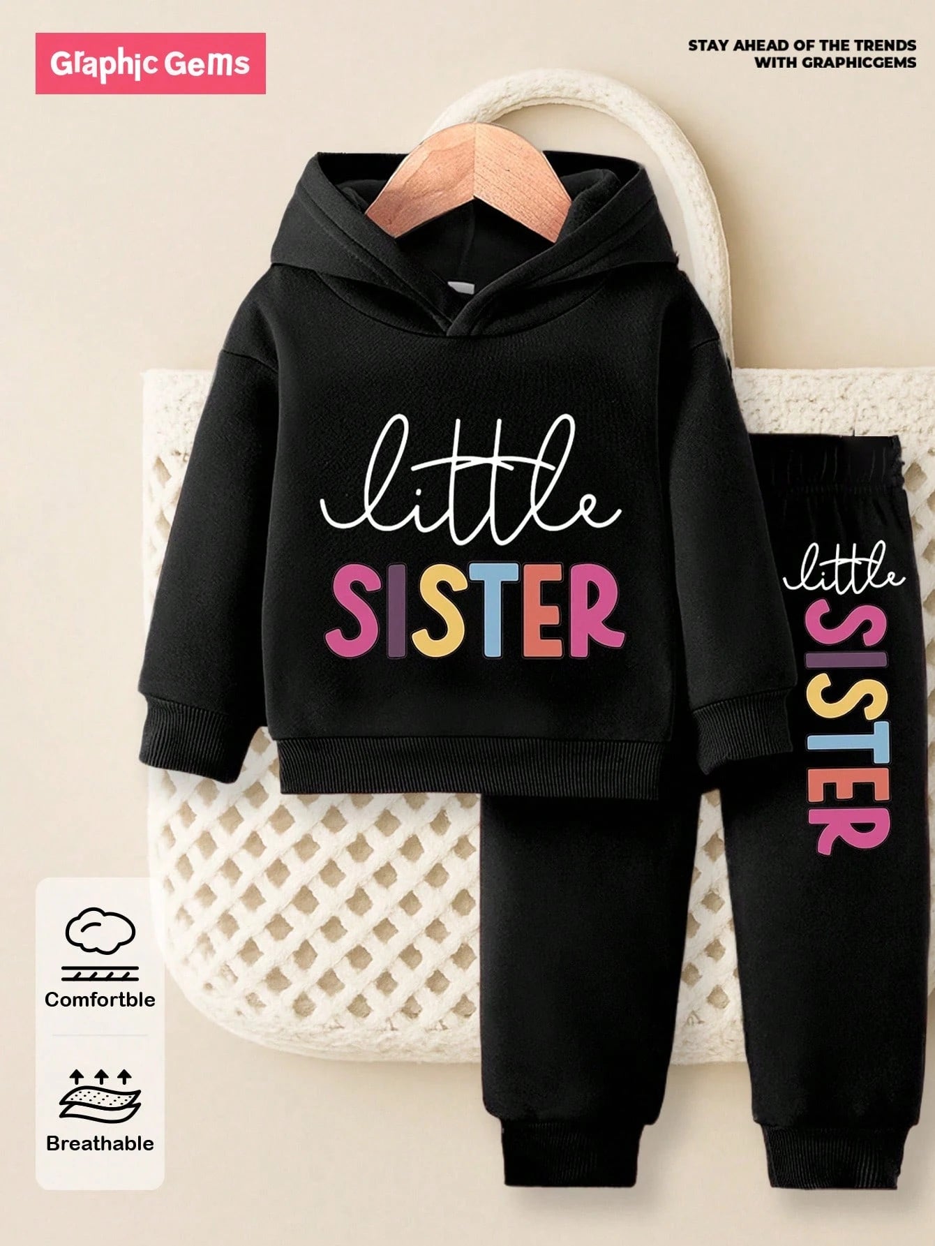 Playful Pals 2pcs/Set Baby Girl Fashion Minimalist Colorful Letter Print Hooded Fleece Sweatshirt & Pants Outfit, Suitable For Outings In Autumn/Winter Fall