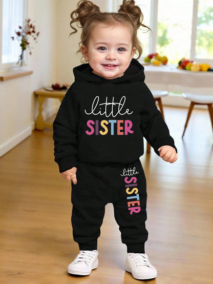 Playful Pals 2pcs/Set Baby Girl Fashion Minimalist Colorful Letter Print Hooded Fleece Sweatshirt & Pants Outfit, Suitable For Outings In Autumn/Winter Fall
