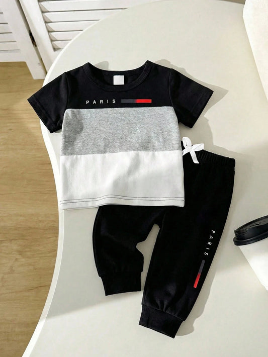 Playful Pals 2pcs/Set Infant Toddler 0-3Y Baby Boy Clothes Black And White Contrast Color Letter Print T-Shirt & Elastic Waist Pants Autumn Casual City Break Suit