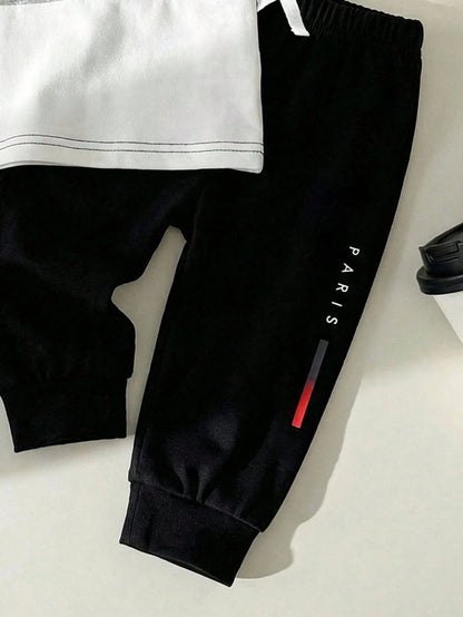 Playful Pals 2pcs/Set Infant Toddler 0-3Y Baby Boy Clothes Black And White Contrast Color Letter Print T-Shirt & Elastic Waist Pants Autumn Casual City Break Suit