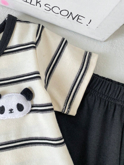 Playful Pals 2pcs/Set Infant Toddler 0-3Y Baby Boy Clothes Black And White Contrast Color Letter Print T-Shirt & Elastic Waist Pants Autumn Casual City Break Suit