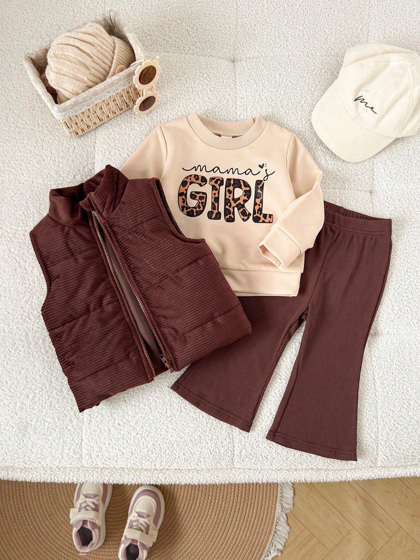 Playful Pals 3pcs/Set Baby Girl Autumn Corduroy Padded Vest Mama's Girl Printed Sweatshirt & Elastic Pants Shades Of Brown Autumn Cute Modest Matching Family 6M-3T
