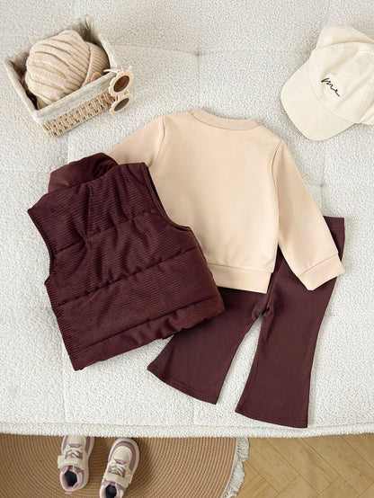 Playful Pals 3pcs/Set Baby Girl Autumn Corduroy Padded Vest Mama's Girl Printed Sweatshirt & Elastic Pants Shades Of Brown Autumn Cute Modest Matching Family 6M-3T