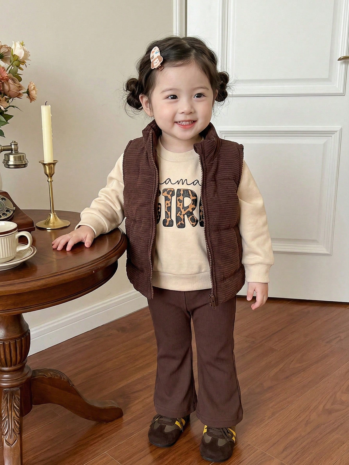 Playful Pals 3pcs/Set Baby Girl Autumn Corduroy Padded Vest Mama's Girl Printed Sweatshirt & Elastic Pants Shades Of Brown Autumn Cute Modest Matching Family 6M-3T