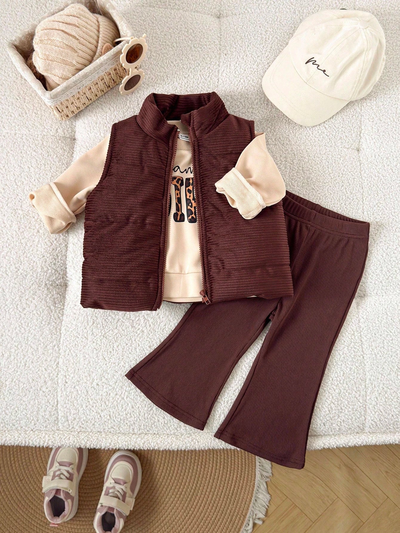 Playful Pals 3pcs/Set Baby Girl Autumn Corduroy Padded Vest Mama's Girl Printed Sweatshirt & Elastic Pants Shades Of Brown Autumn Cute Modest Matching Family 6M-3T