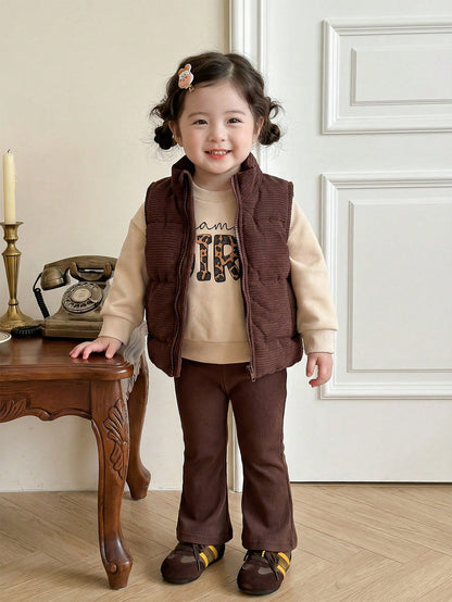 Playful Pals 3pcs/Set Baby Girl Autumn Corduroy Padded Vest Mama's Girl Printed Sweatshirt & Elastic Pants Shades Of Brown Autumn Cute Modest Matching Family 6M-3T