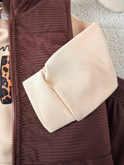 Playful Pals 3pcs/Set Baby Girl Autumn Corduroy Padded Vest Mama's Girl Printed Sweatshirt & Elastic Pants Shades Of Brown Autumn Cute Modest Matching Family 6M-3T