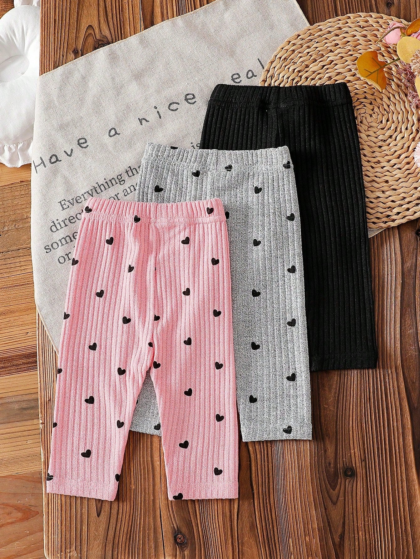 Playful Pals 3pcs/Set Baby Girls' Pink And Grey Cute Knitted Corduroy Leggings Elastic Solid Color Pants Tights Bottoms Autumn Holiday Baby Girl Trousers All-Match