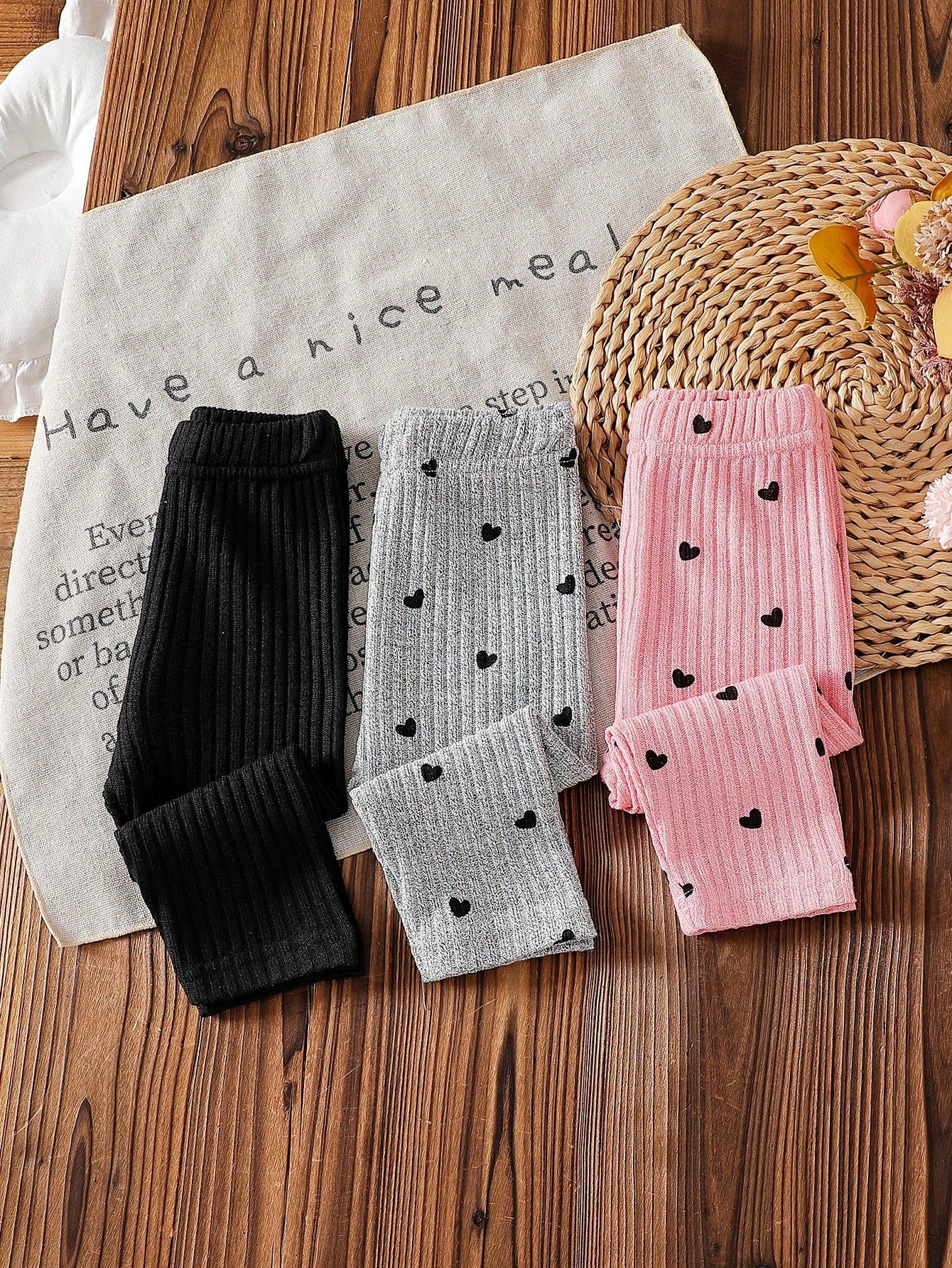 Playful Pals 3pcs/Set Baby Girls' Pink And Grey Cute Knitted Corduroy Leggings Elastic Solid Color Pants Tights Bottoms Autumn Holiday Baby Girl Trousers All-Match