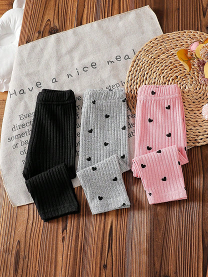 Playful Pals 3pcs/Set Baby Girls' Pink And Grey Cute Knitted Corduroy Leggings Elastic Solid Color Pants Tights Bottoms Autumn Holiday Baby Girl Trousers All-Match