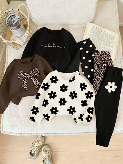Playful Pals 6pcs Baby Girl Black And White,Autumn,Cute,Family Matching Outfit Set,Leopard Print,Bow,Flower,Heart,Letter Sweatshirt & Leggings,Fall Winter Clothes