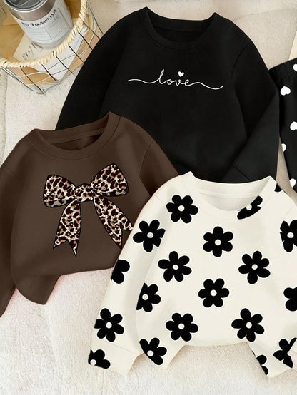 Playful Pals 6pcs Baby Girl Black And White,Autumn,Cute,Family Matching Outfit Set,Leopard Print,Bow,Flower,Heart,Letter Sweatshirt & Leggings,Fall Winter Clothes