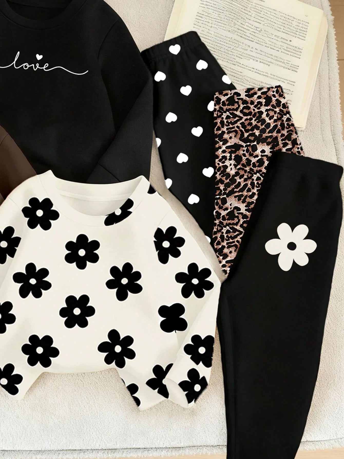 Playful Pals 6pcs Baby Girl Black And White,Autumn,Cute,Family Matching Outfit Set,Leopard Print,Bow,Flower,Heart,Letter Sweatshirt & Leggings,Fall Winter Clothes