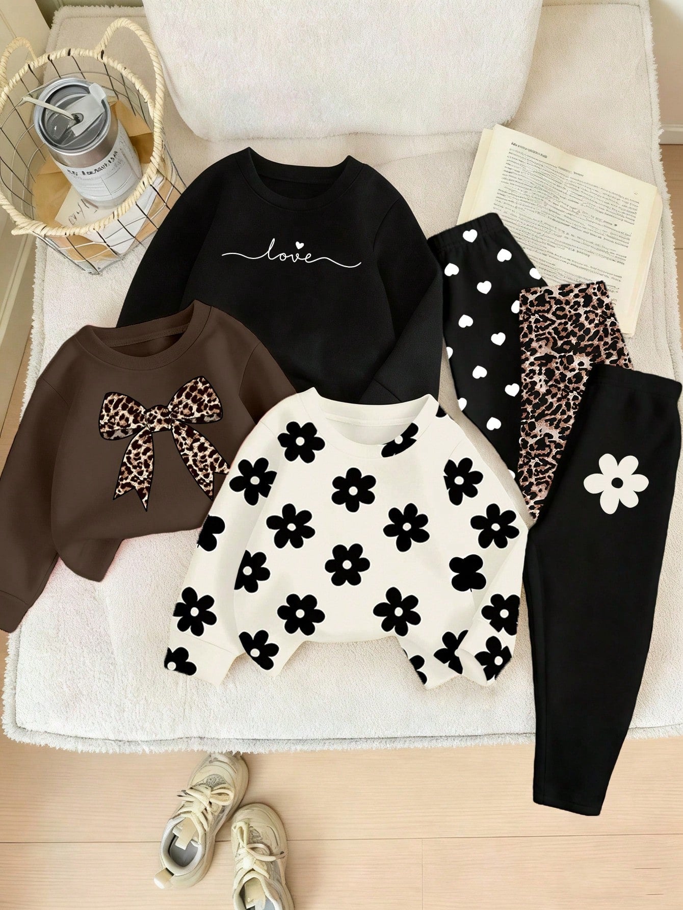 Playful Pals 6pcs Baby Girl Black And White,Autumn,Cute,Family Matching Outfit Set,Leopard Print,Bow,Flower,Heart,Letter Sweatshirt & Leggings,Fall Winter Clothes