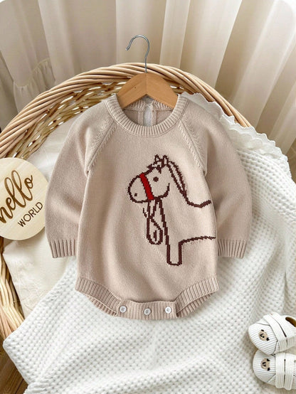 Playful Pals Baby Boy Beige Autumn Knitted Bodysuit,Funny Graphic Little Horse Pattern,Soft Casual Fashionable Matching Family Romper For Winter Daily Scenes