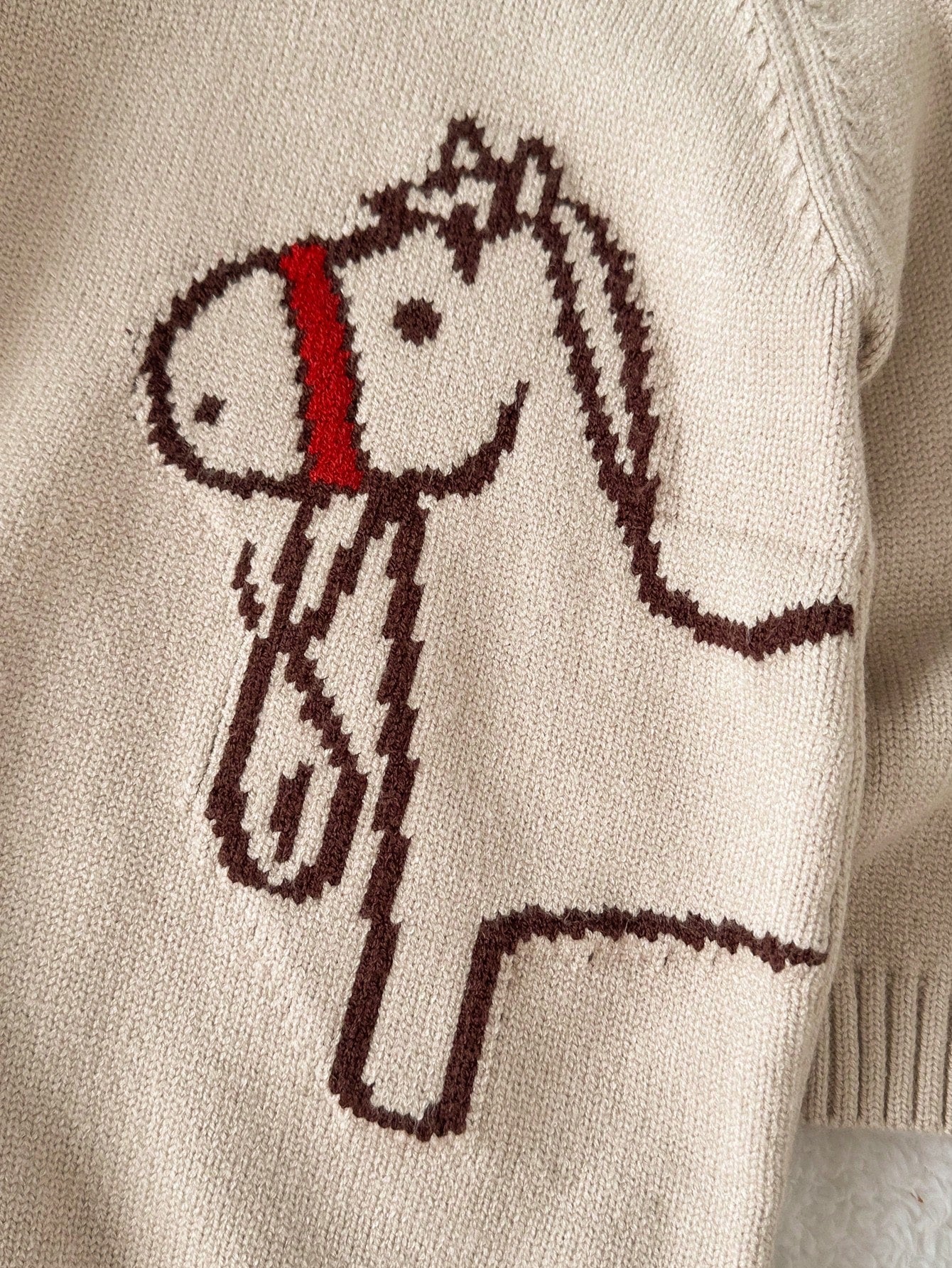 Playful Pals Baby Boy Beige Autumn Knitted Bodysuit,Funny Graphic Little Horse Pattern,Soft Casual Fashionable Matching Family Romper For Winter Daily Scenes