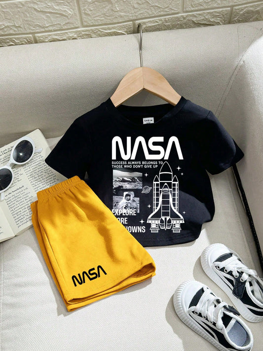 Playful Pals Baby Boy "Success Always Belong To Those Who Don't Give Up" Rocket Print Crew Neck Short Sleeve T-Shirt Black And White Butter Yellow Shorts Set Party