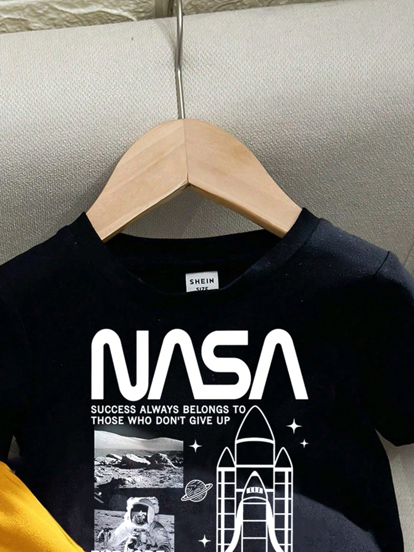 Playful Pals Baby Boy "Success Always Belong To Those Who Don't Give Up" Rocket Print Crew Neck Short Sleeve T-Shirt Black And White Butter Yellow Shorts Set Party