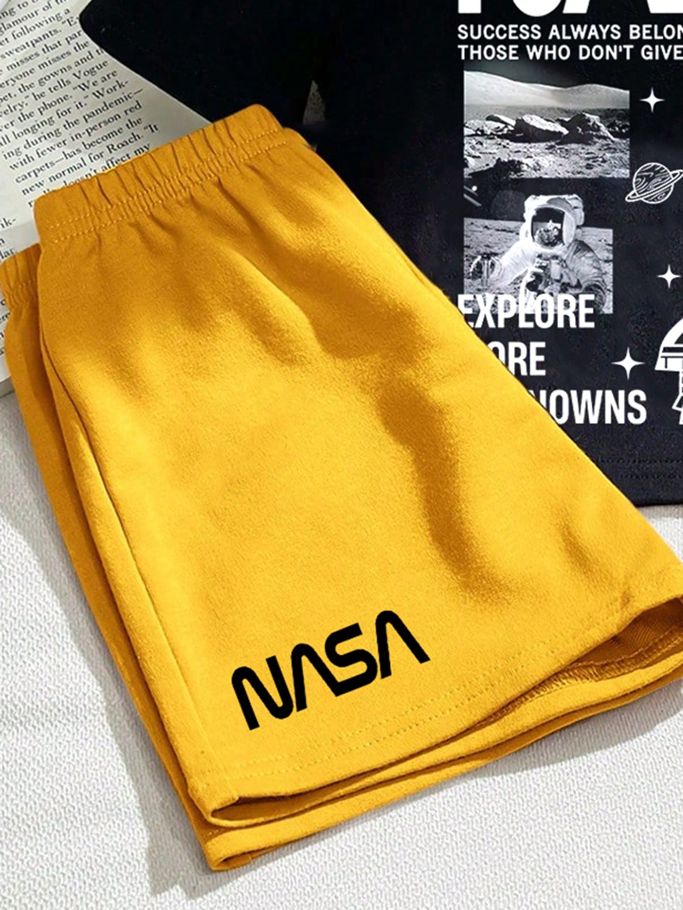 Playful Pals Baby Boy "Success Always Belong To Those Who Don't Give Up" Rocket Print Crew Neck Short Sleeve T-Shirt Black And White Butter Yellow Shorts Set Party