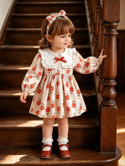 Playful Pals Baby Girl Infant Toddler Spring Autumn New Floral Print Pattern Dress Cute Long Sleeve Princess Dress Baby Toddler Outfit Stylish Forest Style Fashion Suitable For Outings And Casua