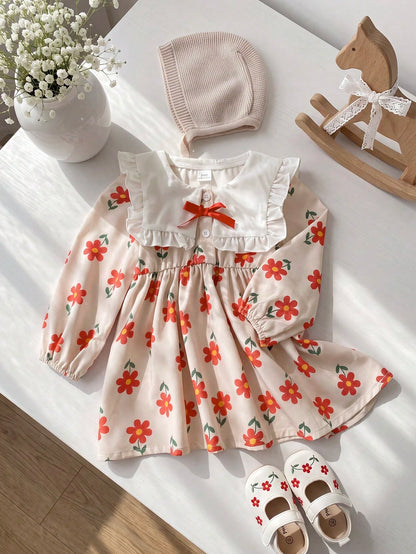 Playful Pals Baby Girl Infant Toddler Spring Autumn New Floral Print Pattern Dress Cute Long Sleeve Princess Dress Baby Toddler Outfit Stylish Forest Style Fashion Suitable For Outings And Casua