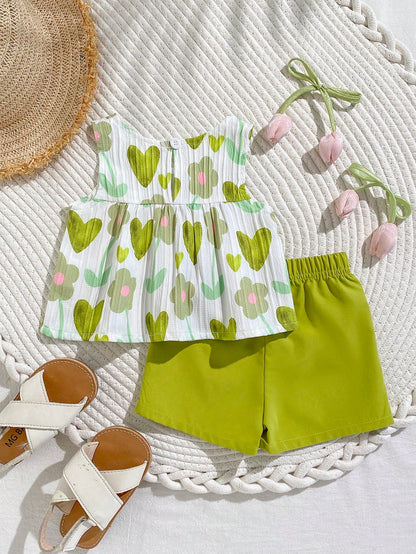 Playful Pals Babygirl A Two Pieces Summer Round-Neck Sleeveless Top And Red Shorts Set. Fresh Red And White Color Contrast, Woven Fabric, Loose Fit. The Style Is Sweet, Elegant And Pastoral, Wit
