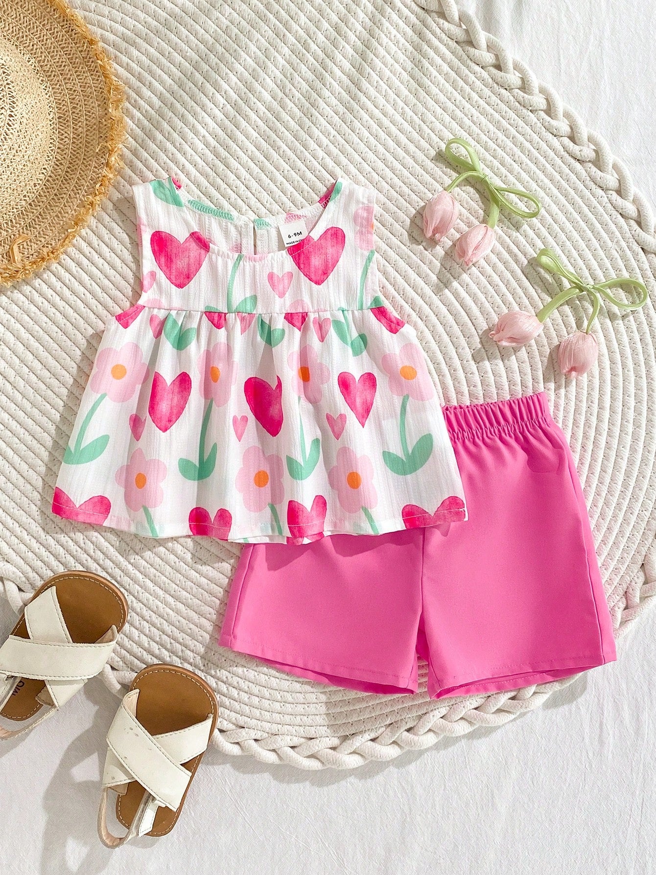 Playful Pals Babygirl A Two Pieces Summer Round-Neck Sleeveless Top And Red Shorts Set. Fresh Red And White Color Contrast, Woven Fabric, Loose Fit. The Style Is Sweet, Elegant And Pastoral, Wit