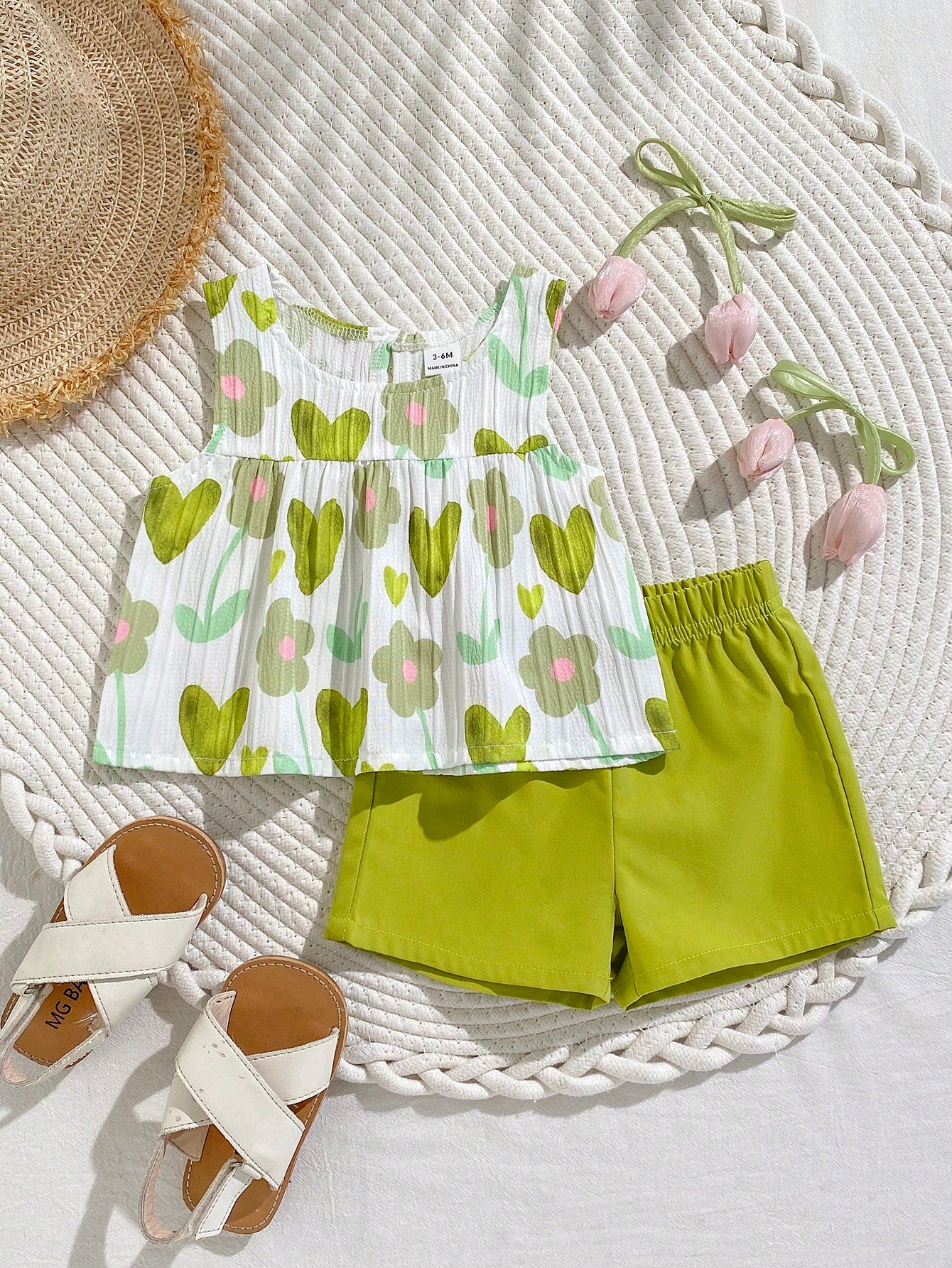 Playful Pals Babygirl A Two Pieces Summer Round-Neck Sleeveless Top And Red Shorts Set. Fresh Red And White Color Contrast, Woven Fabric, Loose Fit. The Style Is Sweet, Elegant And Pastoral, Wit