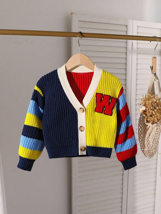 Playful Pals Back-To-School Young Girl School Girl Navy Blue Color Block Cardigan,Autumn/Winter Button Kids Knit Vest Sweater Clothing For 3-4years Girls Knitwear