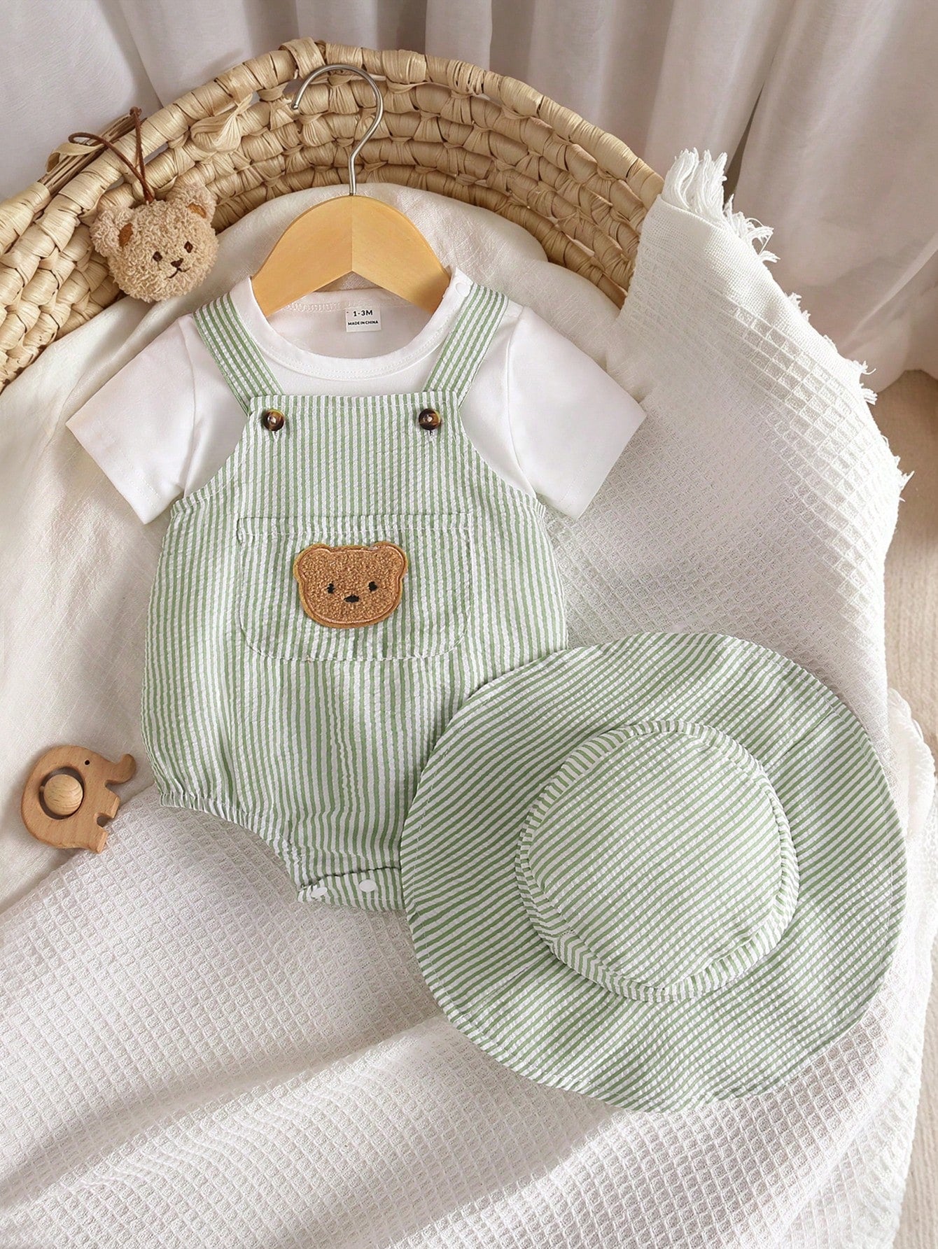 Playful Pals Newborn 3-Piece Set Cute & Casual Summer White Short-Sleeve T-Shirt Blue Striped Backless One-Piece Dress With Hat Bear Badge Vacation Outfit For Baby